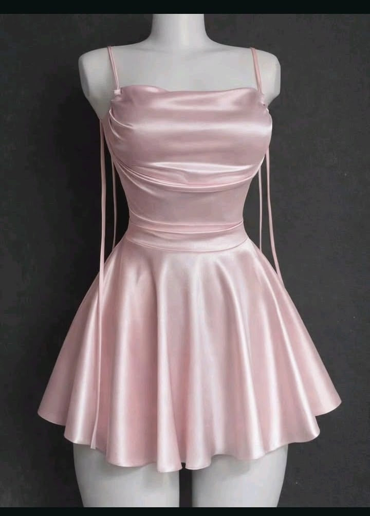 Minimalist A Line Spaghetti Strap Pastle Pink Satin Sleeveless Semi-formal 9th Graduation Short Inspo Homecoming Dresses RB4558