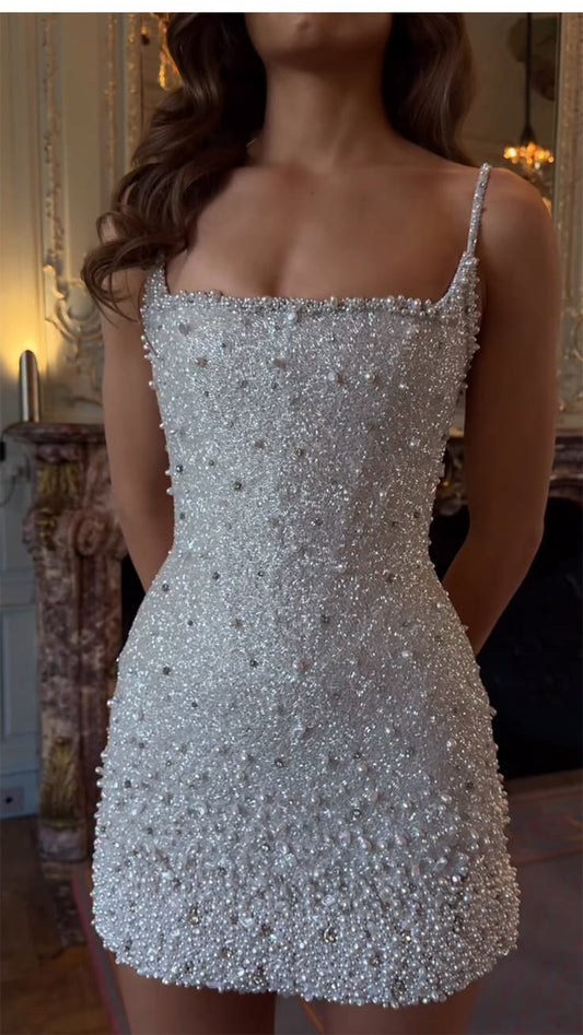 Pearl & Crystal Beaded Spaghetti Strap Mini Dress Birthday Dress Homecoming Dress Cocktail Dress RB6239