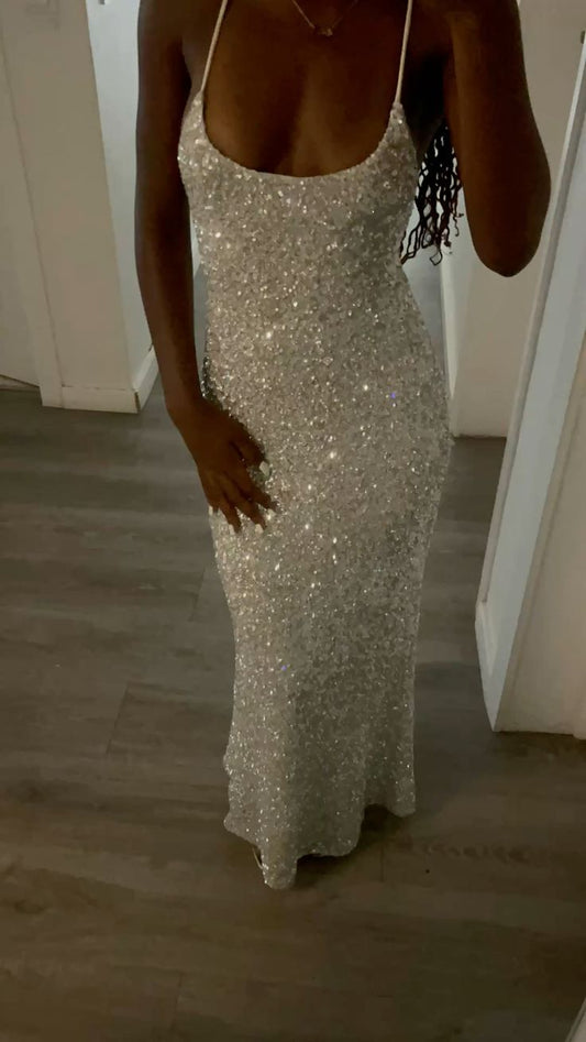 Elegantes Pailletten-Abendkleid mit Spaghettiträgern, Meerjungfrauen-Schnitt für Damen N4081