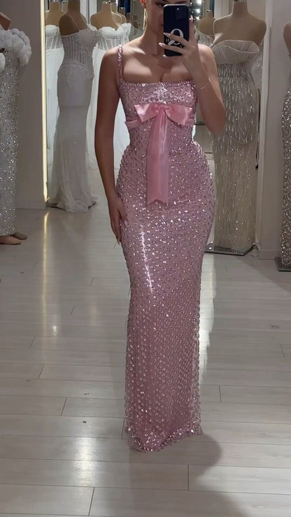 Neu eingetroffen: Elegantes, langes Partykleid in Pink mit Pailletten, Ballkleid, Meerjungfrauen-Stil, figurbetont für Damen N4079