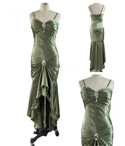 Robe de bal longue sirène élégante à fines bretelles en satin vert foncé, robe de soirée somptueuse N1782