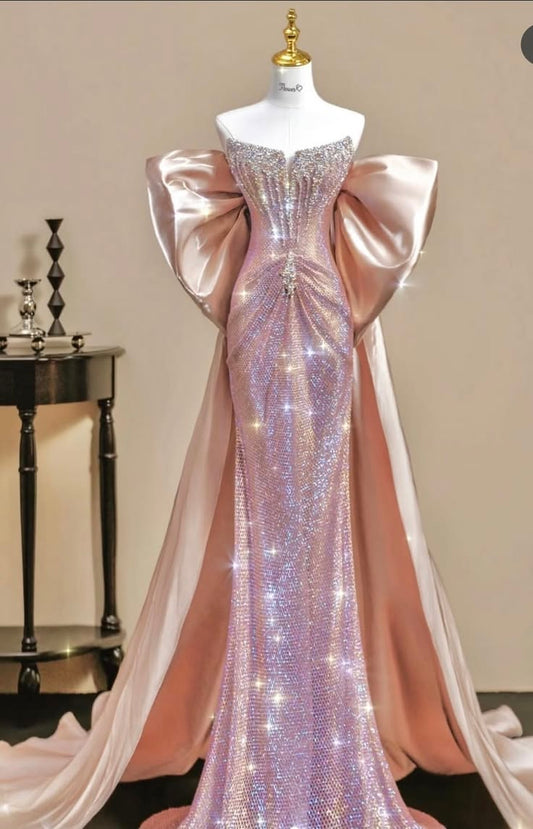 Glittery Mermaid Strapless Pink Sequin Long Prom Dresses Impress 18th Birthday Outfits Prom Gown RB8937