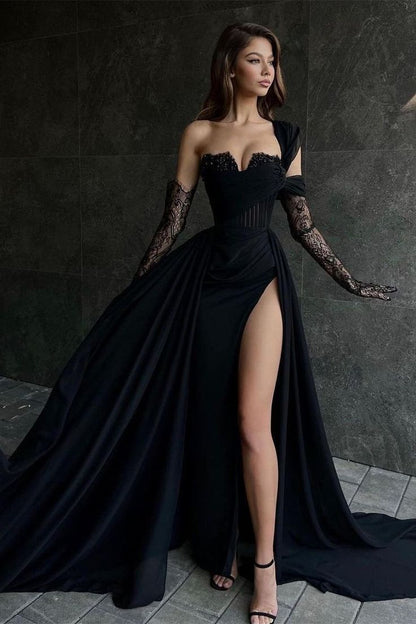 Elegant Long Black One Shoulder Sleeveless Lace Prom Dresses With Split 18th Birthday Outfits AB2395