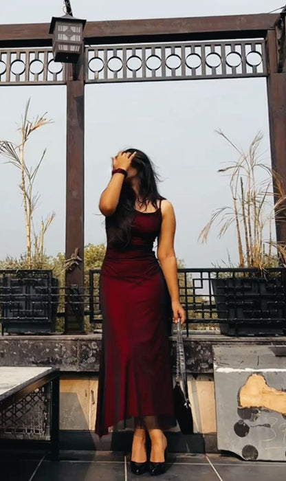 Vintage Sheath Spaghetti Straps Black Tulle Burgundy Sleeveless Long Prom Dresses 18th Birthday Outfits AB2403