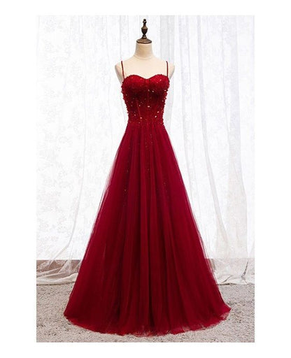 Robe de bal longue rouge foncé à bretelles et perles, décolleté cœur, robe de bal junior AB703