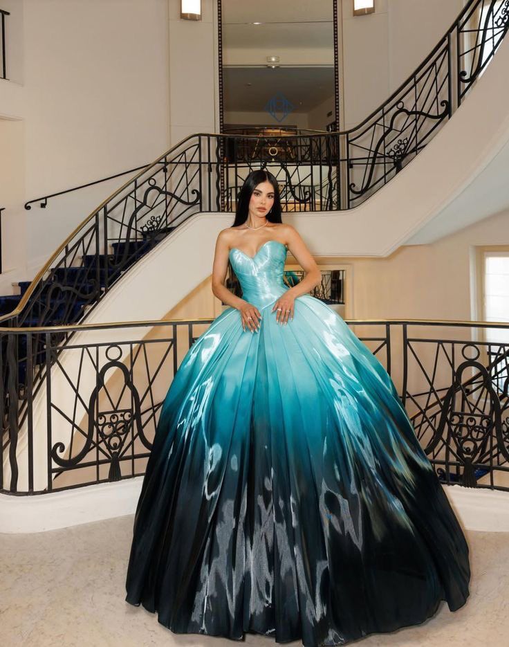 Unique Ball Gown Sweetheart Blue And Black Organza Long Quinceanera Dresses Sweet 15 16 Birthday Gown AB1147