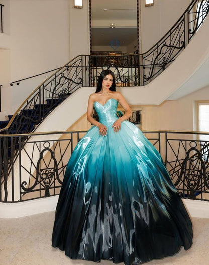 Unique Ball Gown Sweetheart Blue And Black Organza Long Quinceanera Dresses Sweet 15 16 Birthday Gown AB1147