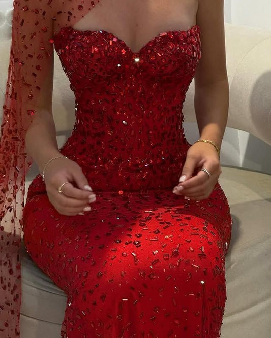 Robe de bal sirène élégante en tulle bordeaux ornée de perles et décolleté cœur - Inspiration pour adolescentes - Tenue de soirée - Robe de bal AB026