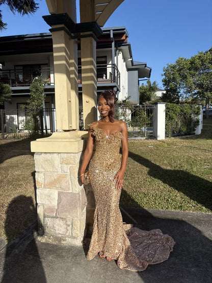Modest Prom Dresses Mermaid Sweetheart Gold Sequined For Black Gilrs Long Formal Dress RC1343