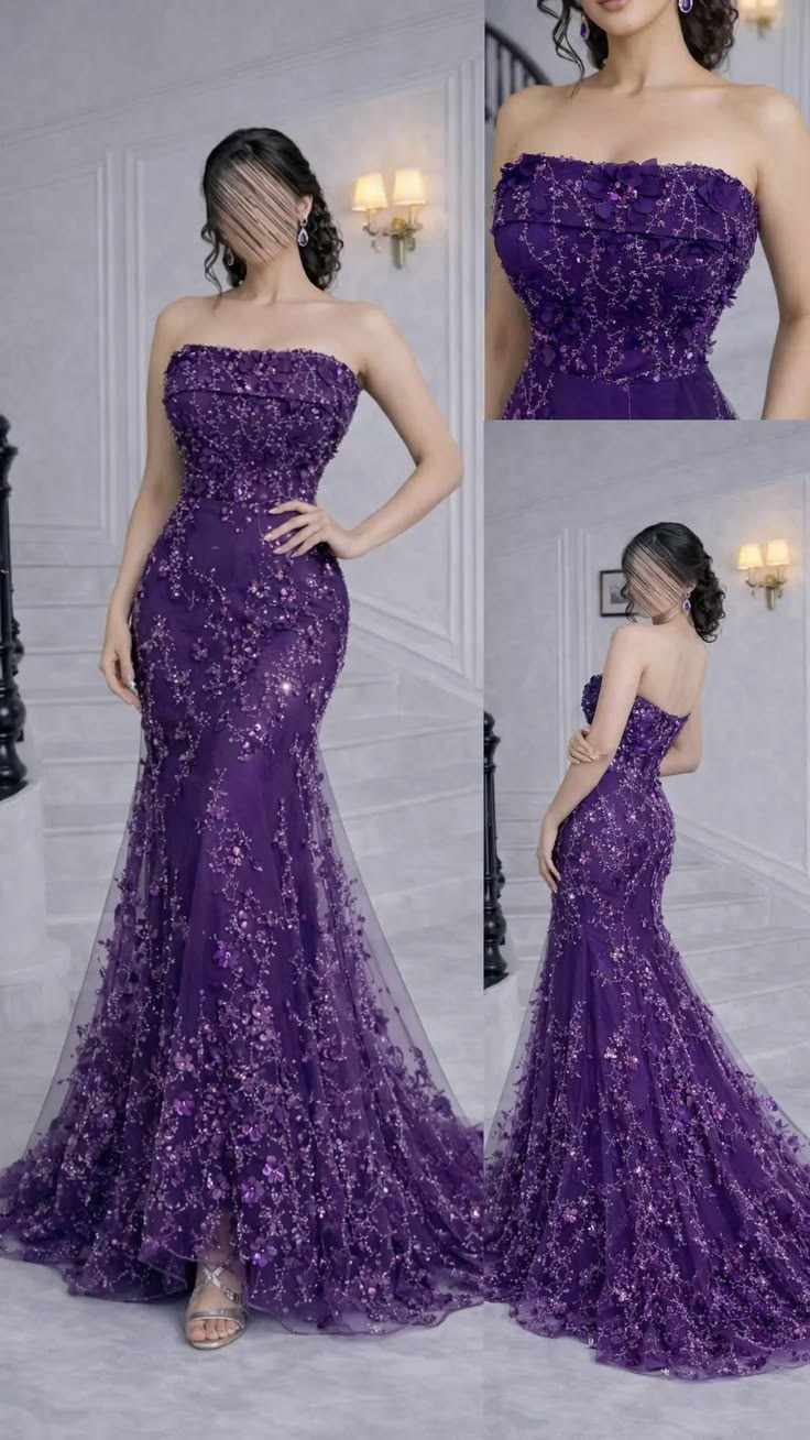 Sexy Strapless Sleeveless Grape Sequin Prom Dresses Mermaid Bodycon For Women N4061