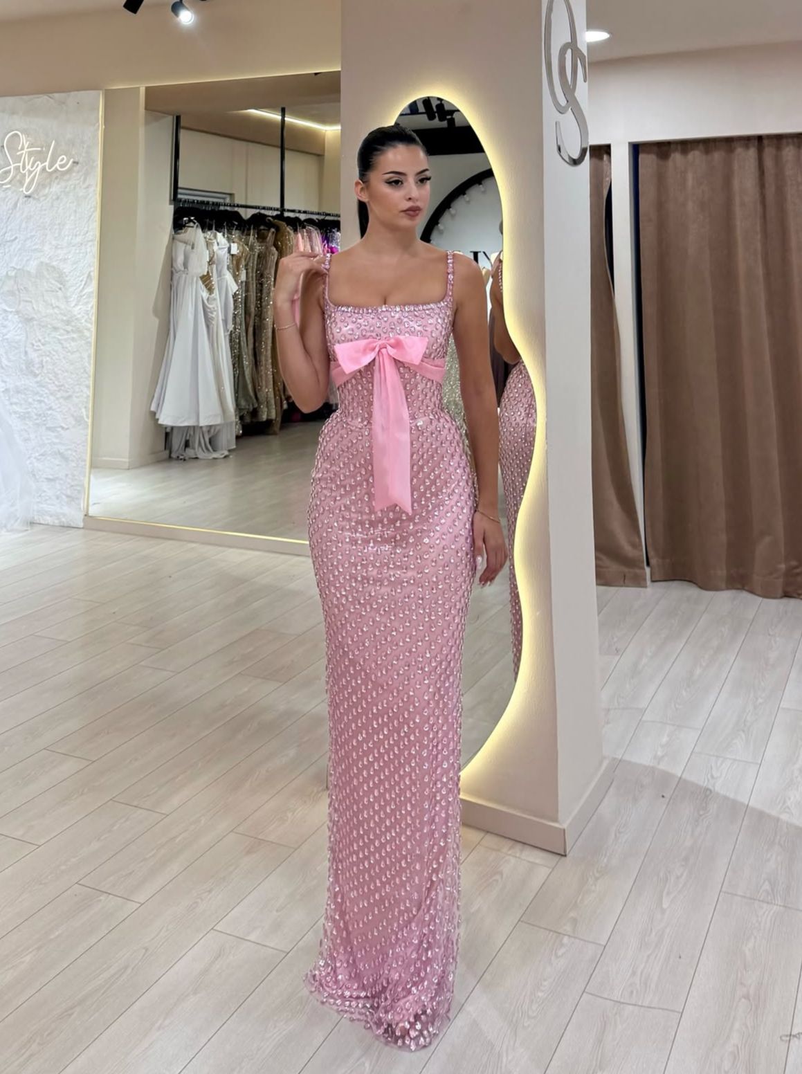 Neu eingetroffen: Elegantes, langes Partykleid in Pink mit Pailletten, Ballkleid, Meerjungfrauen-Stil, figurbetont für Damen N4079
