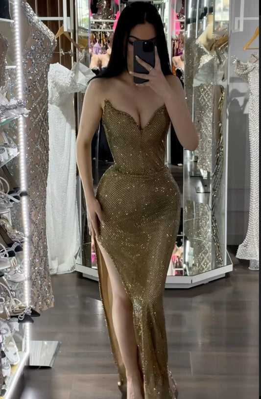 Neu eingetroffen Elegantes Sweetheart-Abendkleid mit goldenen Pailletten, langes Ballkleid, Meerjungfrau, Bodycon für Damen N4075