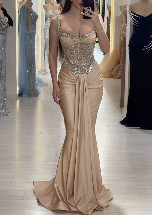 Sexy Schimmerndes Abendkleid mit Trägern Ärmellos Champagner Abschlussballkleider Meerjungfrau Bodycon für Damen N4062