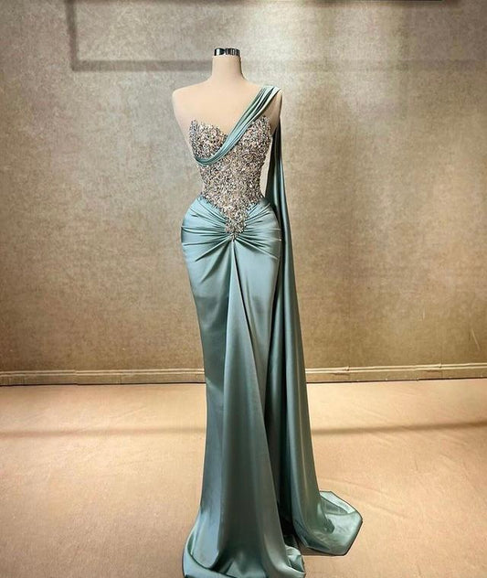 Sexy glitzerndes Abendkleid mit One-Shoulder-Träger, ärmellos, blau, Meerjungfrauen-Stil, figurbetont für Damen N4065