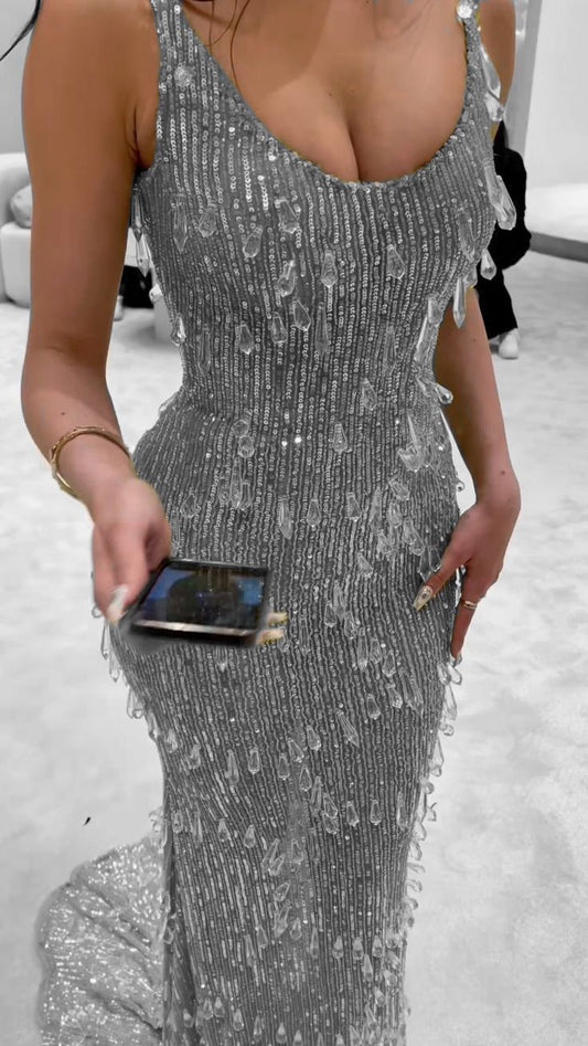 Funkelndes silbernes elegantes Pailletten-langes Partykleid Ballkleider mit Edelstein Meerjungfrau Bodycon für Frauen N4086
