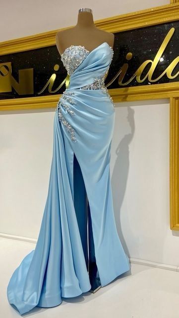 Sexy Glitzer-Kleid Herz-Ausschnitt Ärmellos Blau Schlitz Ballkleider Meerjungfrau Eng Anliegend Für Damen N4064