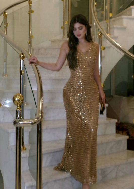 Verträumtes Gold Abendkleid Ärmellos Ballkleider Meerjungfrau Bodycon Für Damen N4067