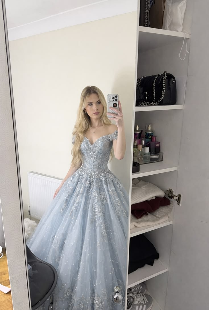 Dreamy Light Blue Evening Gown | Aesthetic Princess Prom Dress Fairytale Long Floor Length Off Shoulder Formal Dresses RC1314