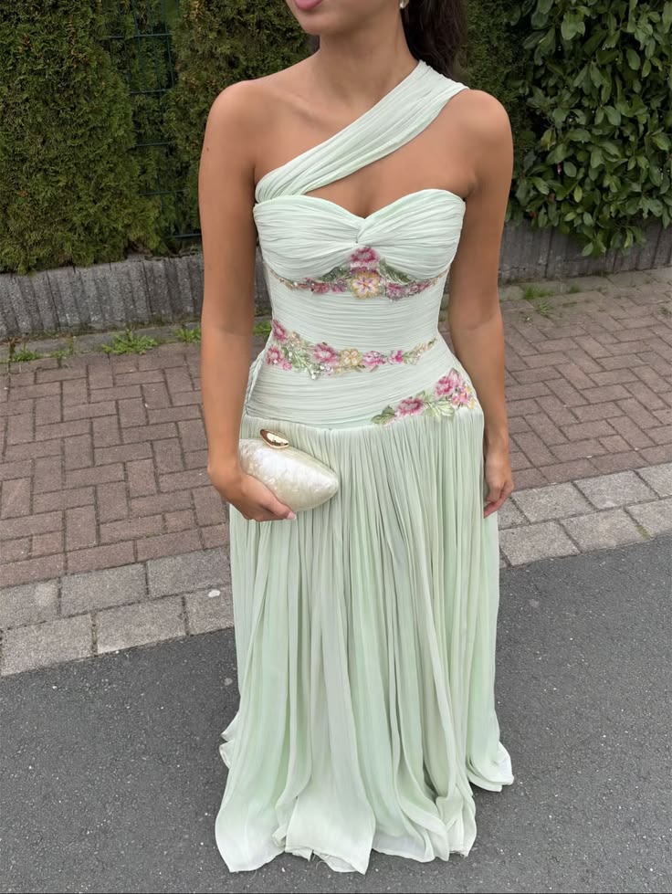 Mint floral perfection Evening Gown | Aesthetic Princess Prom Dress Fairytale One Shoulder Long Floor Length Formal Dresses RC1315