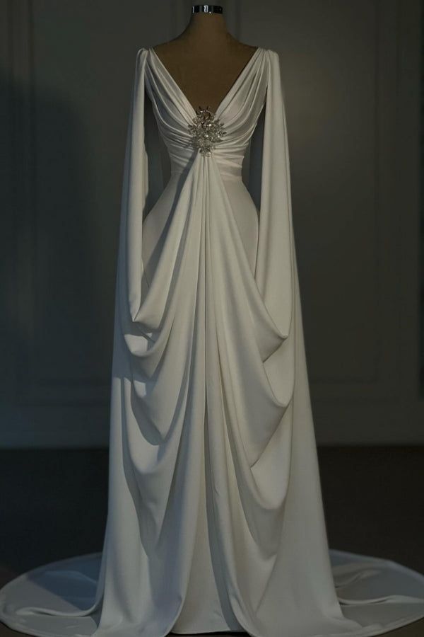 Elegantes, langes, formelles Meerjungfrauen-Abendkleid aus weißem Satin mit Perlenstickerei und V-Ausschnitt, geeignet für festliche Anlässe wie Abschlussball, Dinnerpartys und andere festliche Anlässe (AB2078)