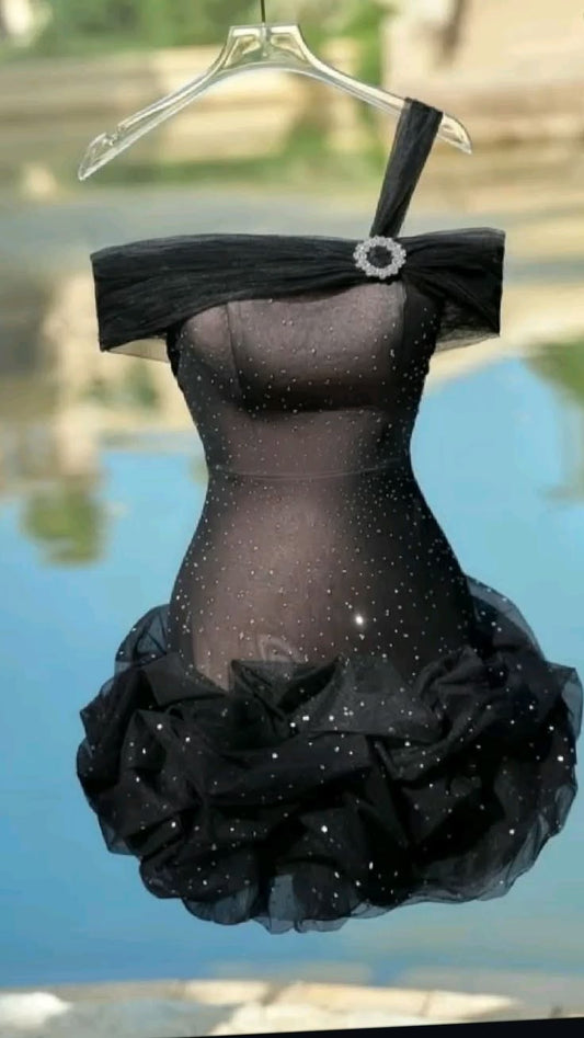 Modest Hoco Gown Homecoming Dresses Sheath One Shoulder Black Tulle With Sleeves Wear 17th Birthday Party Outfits RB6419