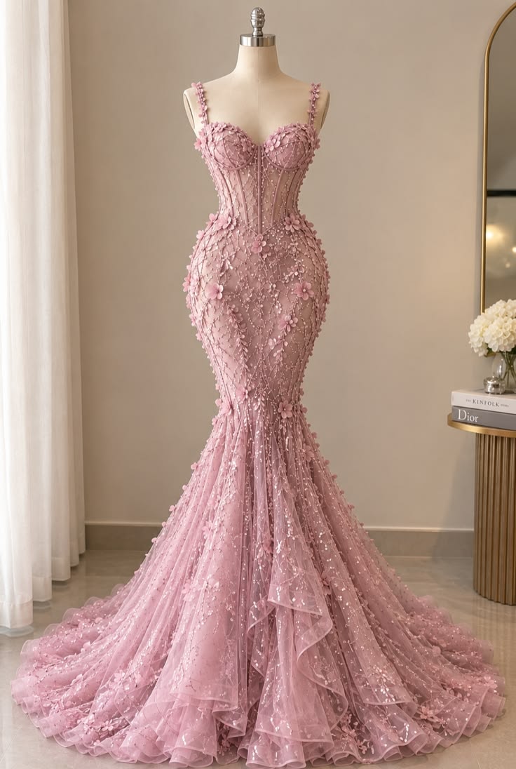 Gorgeous Evening outfit Mermaid Spaghetti Straps Pink Lace Prom Dresses Long Formal Dress RC1417