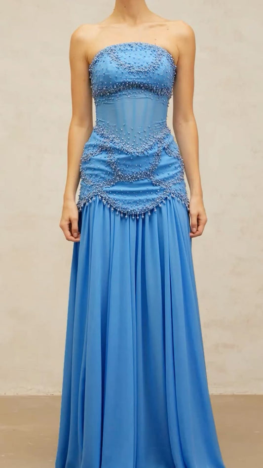 Glam Mermaid Strapless Blue Chiffon WIth Beads Long Prom Dresses Evening Long Formal Dress RB3810