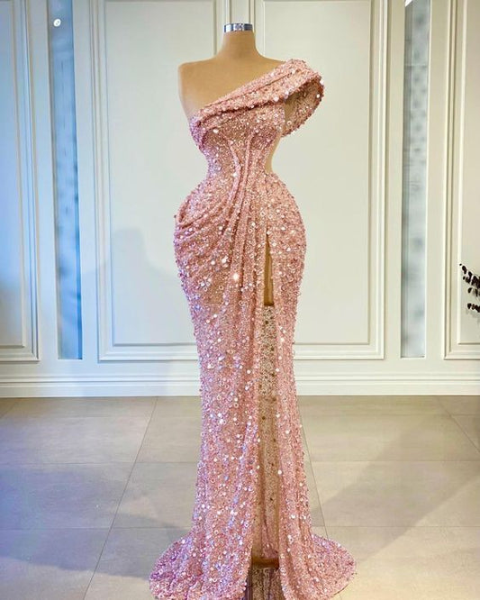 Neu eingetroffen: Elegantes, schulterfreies, rosafarbenes Pailletten-Abendkleid, Ballkleid, Meerjungfrauen-Bodycon für Damen N4077