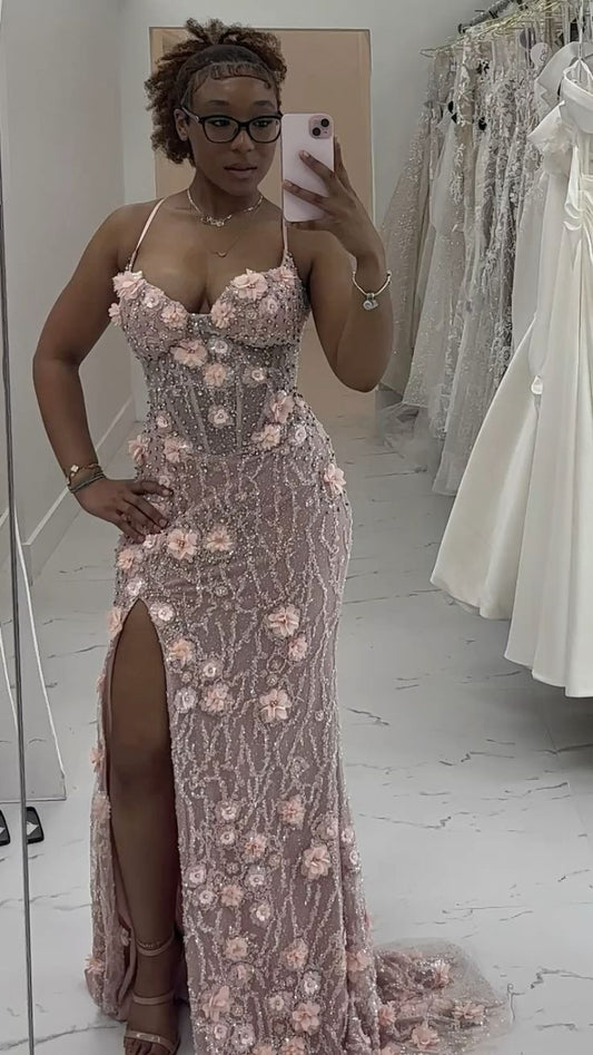 Glitzerndes Spaghettiträger Rosa Langes Partykleid Abendkleider mit Blumen Meerjungfrau Bodycon für Damen N4087