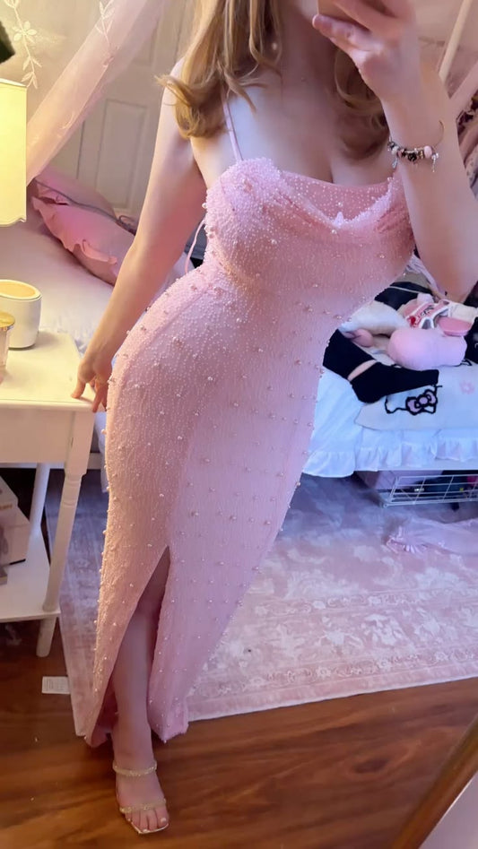 Spaghettiträger Elegantes Rosa Pailletten Langes Partykleid Ballkleider Meerjungfrau Bodycon Für Frauen N4080