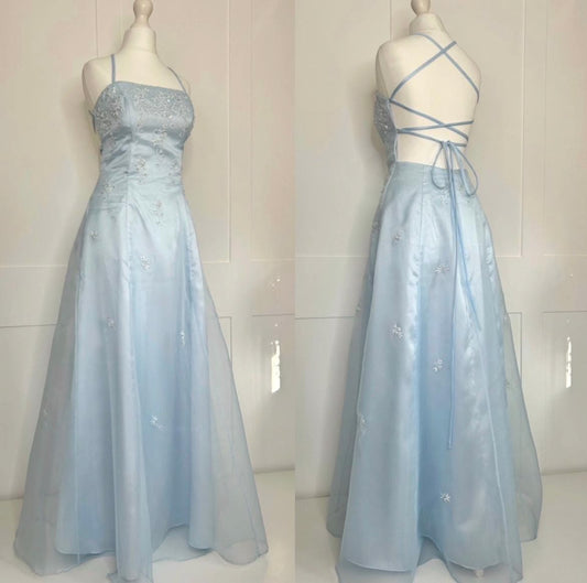 Vintage Y2K A-Linien-Abendkleid aus den 2000ern, Hellblau Ombre, Farbverlauf, Ärmellos, Formelles Kleid, 21. Geburtstag, Ballkleider N2411