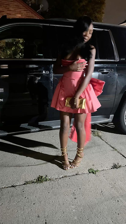 Elegantes, trägerloses pinkfarbenes A-Linien-Kleid mit Schleife für schwarze Mädchen, Party, kurze Mini-Kleider zum 18. Geburtstag, Hoco-Outfit RB3769