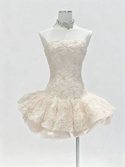 Jolies robes de bal bustier en dentelle blanche courtes pour le retour à la maison, tenues de fête d'anniversaire RB4178