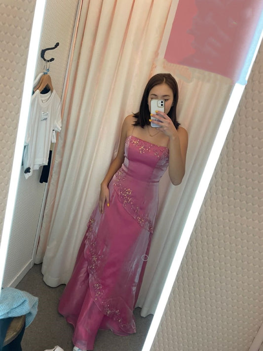 Vintage A-Linien Spaghettiträger Rosa Organza mit Perlen ärmelloses langes Abendkleid Ballkleid Abschlussballkleider N2560