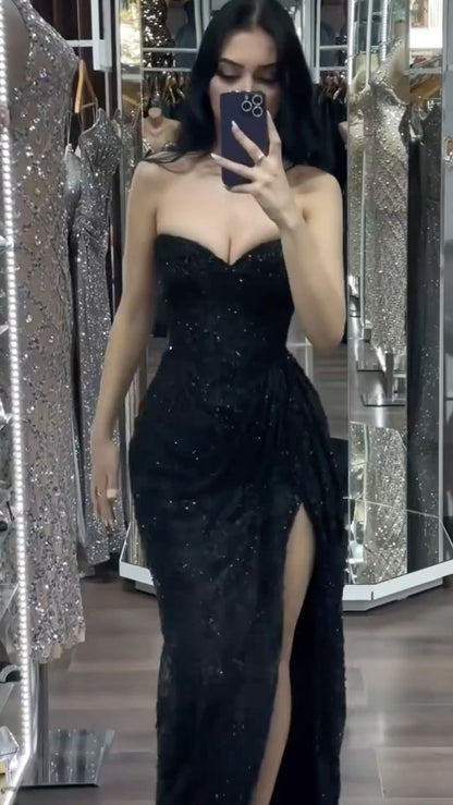 Robe de soirée longue élégante sirène bustier noire, dentelle, fendue, baddie, pour croisière, tenue d'anniversaire RB3812