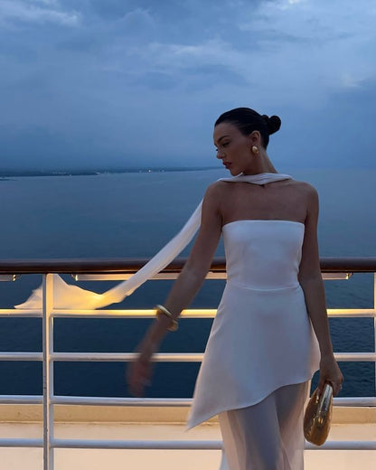 Weißes trägerloses Satin-Chiffon-Kleid mit Schlitz für Sommer, Fest, Abschlussball, 18. Geburtstag, Outfit AB2396