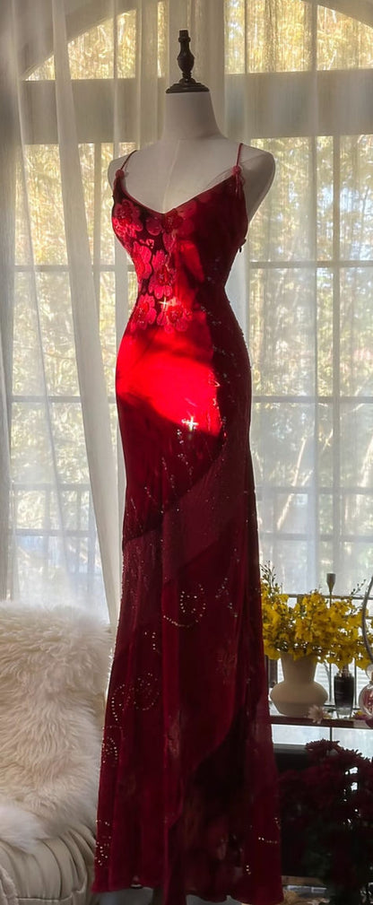 Elegantes Meerjungfrauen-Kleid aus burgunderrotem Chiffon mit Spaghettiträgern und Applikationen, langes, formelles Abendkleid für Ball, Dinner und Party, AB2032