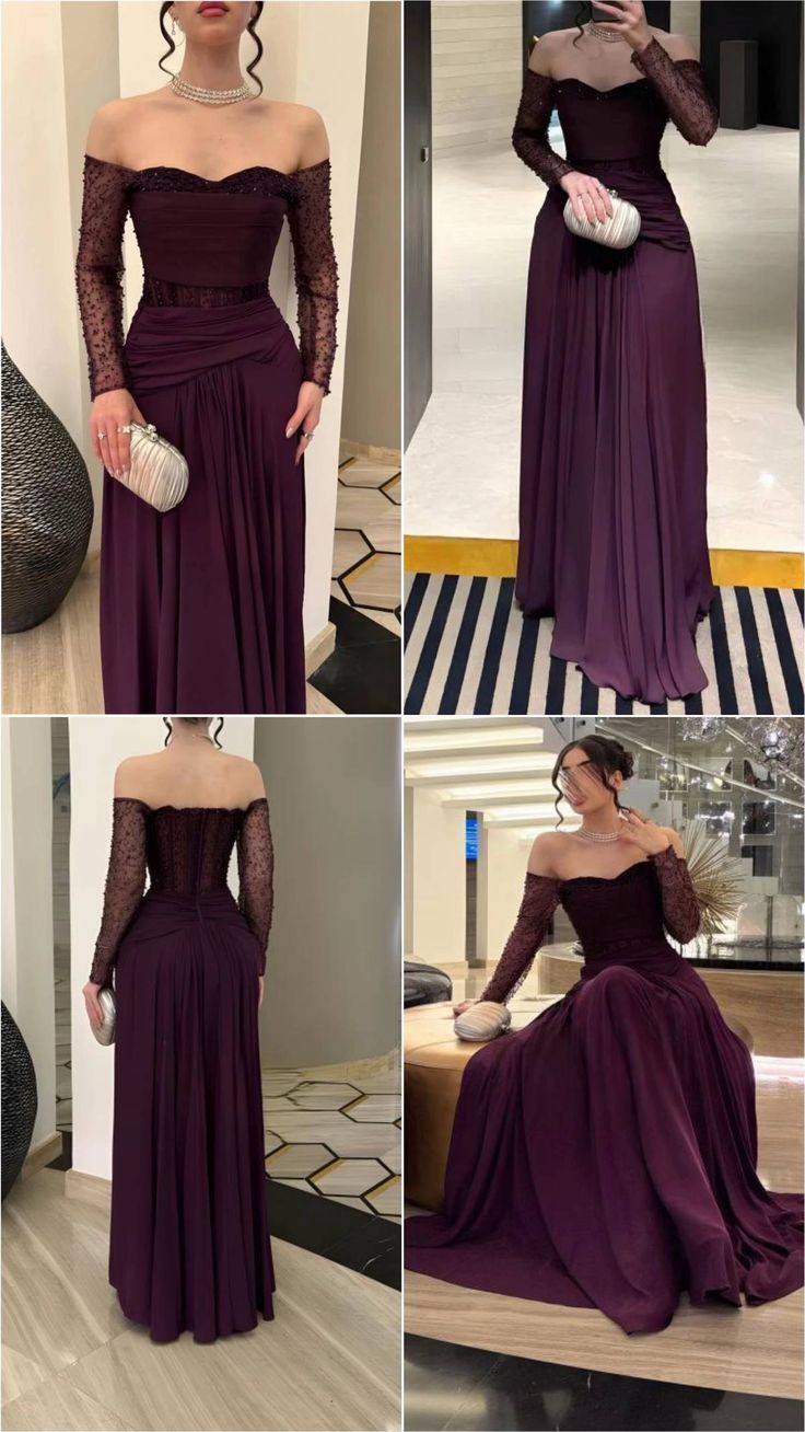 Robe de bal longue sexy à épaules dénudées, couleur raisin, ornée de perles et de manches, idéale pour les soirées formelles et les mariages (N365)