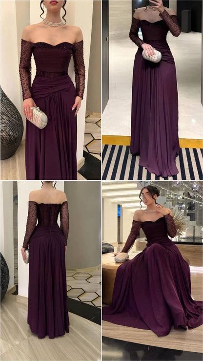 Robe de bal longue sexy à épaules dénudées, couleur raisin, ornée de perles et de manches, idéale pour les soirées formelles et les mariages (N365)