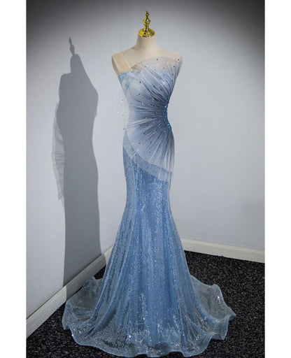Elegantes, trägerloses, paillettenbesetztes, blau-weiß gewelltes Meerjungfrauen-Abendkleid AB1831