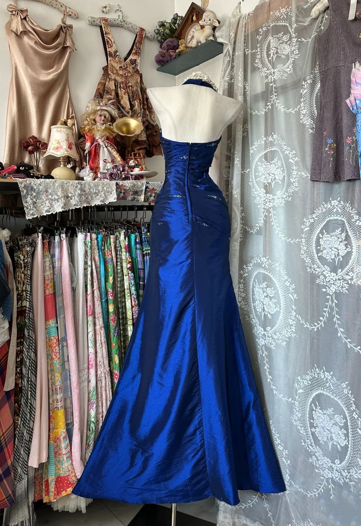 Robe de bal longue sirène bleu roi ornée de perles, robe de soirée vintage AB1822