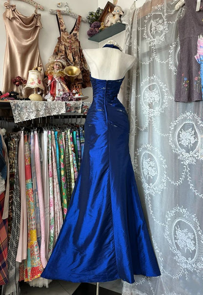 Robe de bal longue sirène bleu roi ornée de perles, robe de soirée vintage AB1822