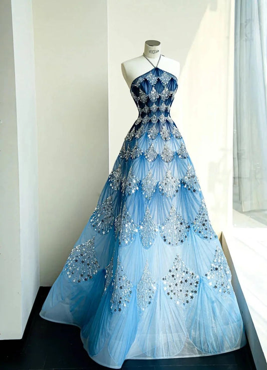 Robe de bal élégante en tulle bleu long, inspiration pour femmes et jeunes filles, dos nu, robe de soirée formelle longue, robe de bal de fin d'année AB1833