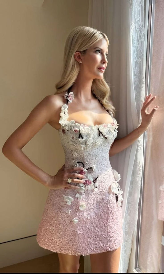 Elegantes A-Linien-Halterkleid in Pink mit 3D-Blumen und Pailletten, Partykleid, kurzes Minikleid, Kleider zum 15. Geburtstag, Hoco-Outfits RB3395