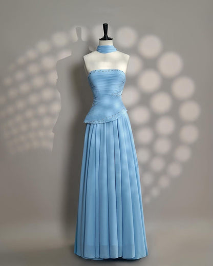 Elegantes, trägerloses, blaues A-Linien-Abendkleid für Damen, langes, formelles Kleid für Abschlussball, 16. Geburtstag, Damenkleid AB1222