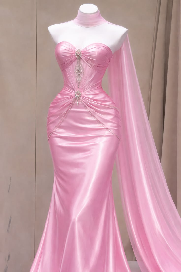 Modest Prom Dresses Mermaid Sweetheart Pink Satin With Beading Scarf Floor Length Long Formal Dress RC1400