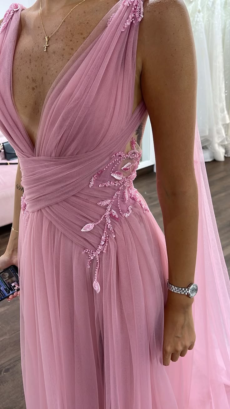 Modest Prom Dresses A Line V Neck Pink Chiffon Ruffled Bridesmaid Long Formal Dress RC1335
