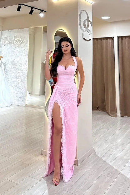 Beautiful Pink Sweetheart Halter Sleeveless Lace Prom Dress Mermaid With Side Split Graduation Dress B551