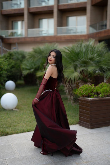 Burgundy Prom Dresses Inspiration Ball Gown Strapless Velvet Evening Gown Long Gala Formal Dress RC1490