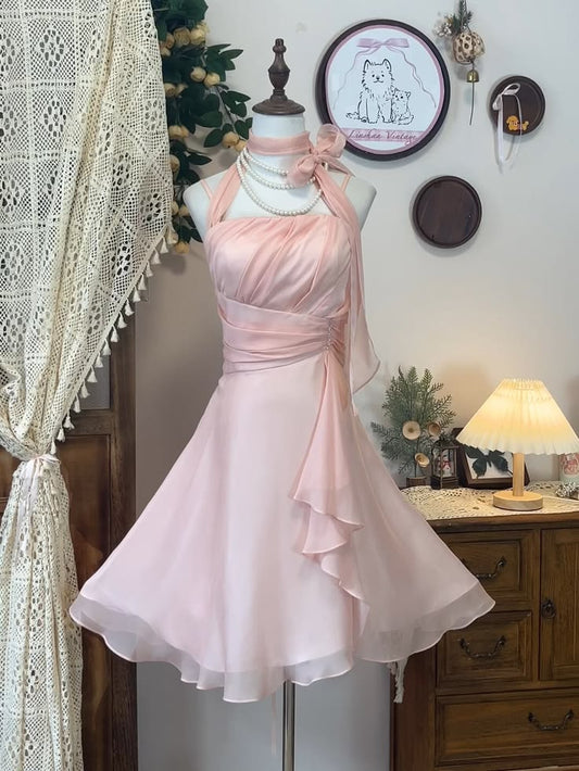 Pretty A Line Halter Chiffon Blush Pink Mini Homecoming Dress Inspo Short Graduation Dresses RB6876